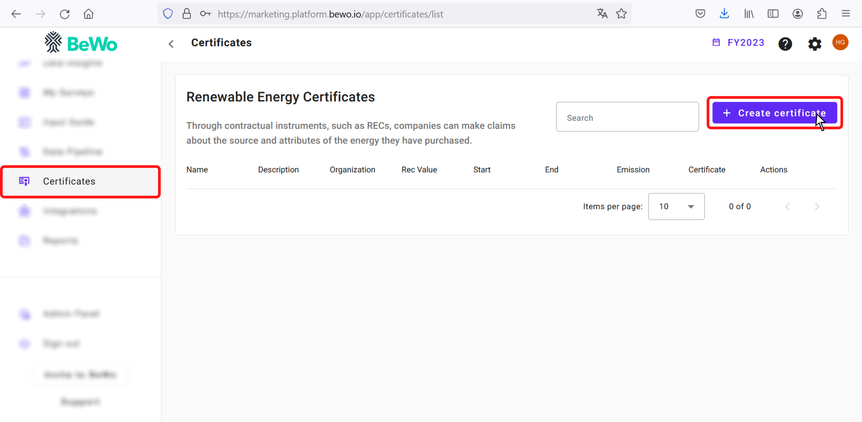 Certificates page