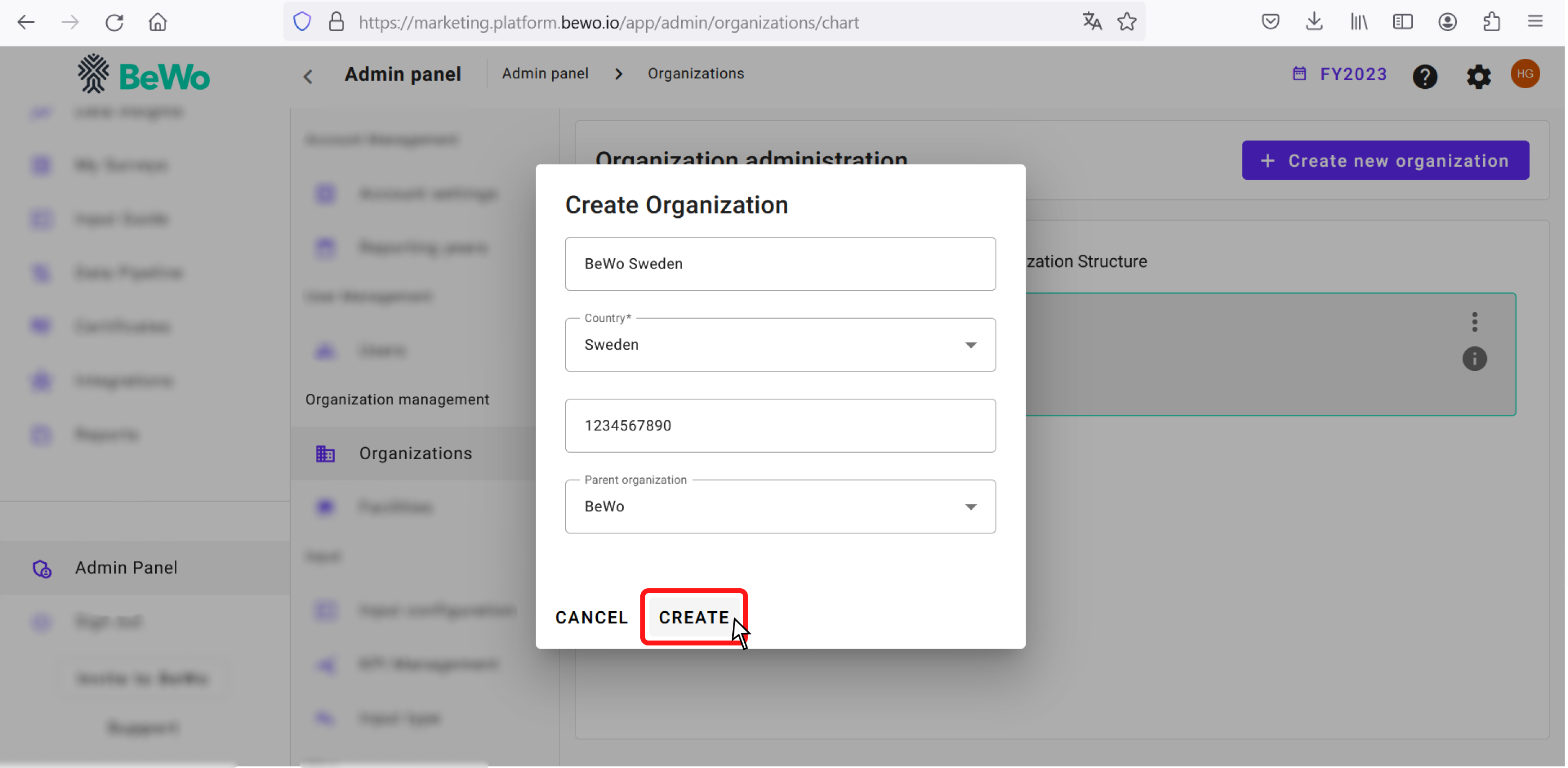 Create organization dialog