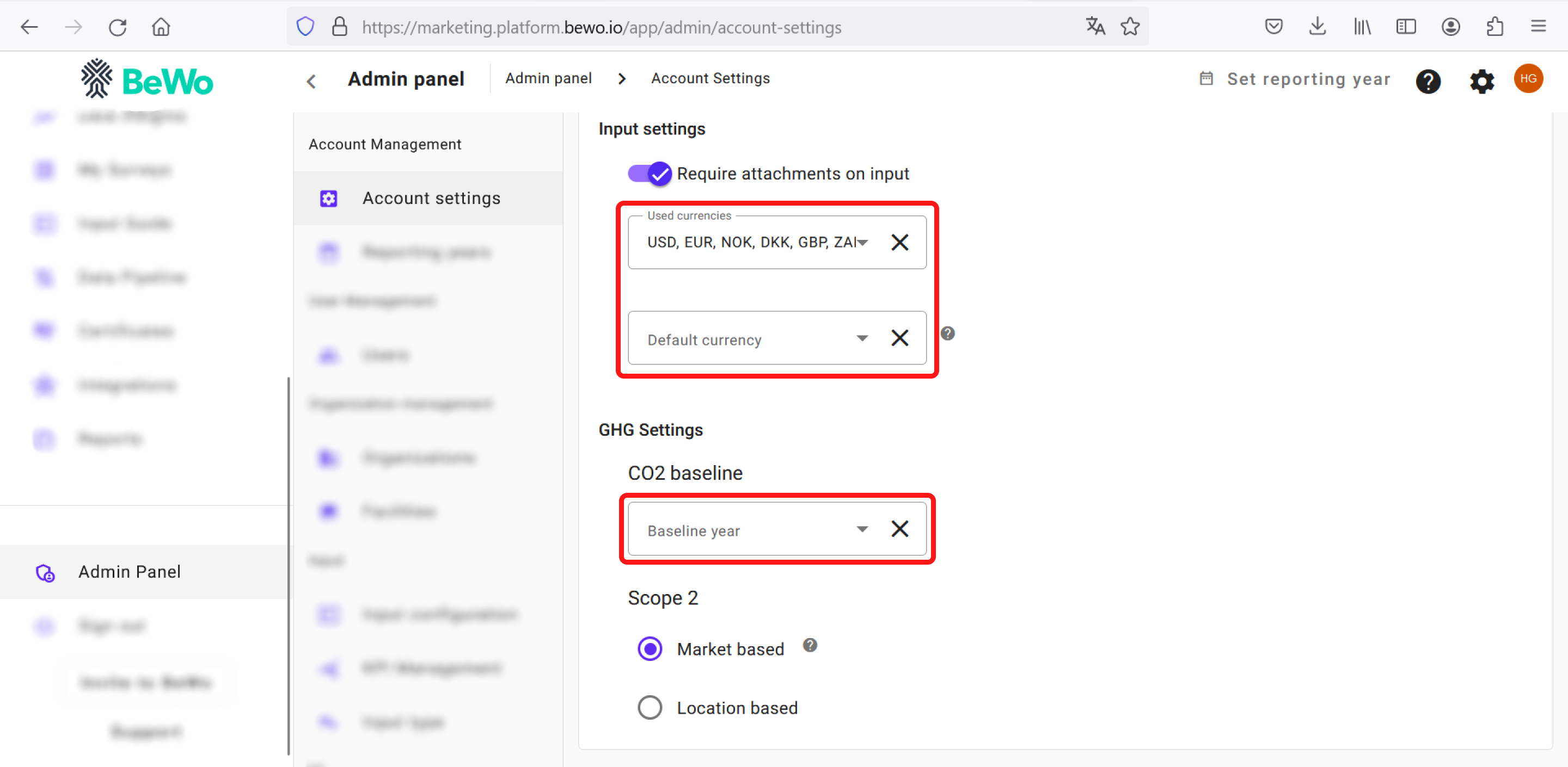 GHG Settings view